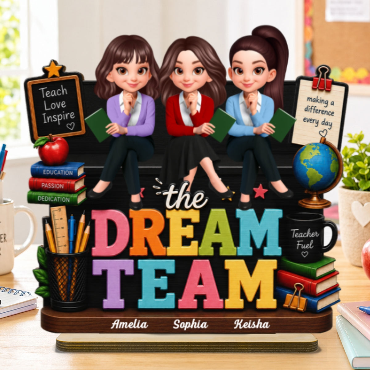 Beautiful Teacher Dream Team - Personalized 2-Layered Wooden Plaque - Back To School Gift For Teacher, Classroom Decor