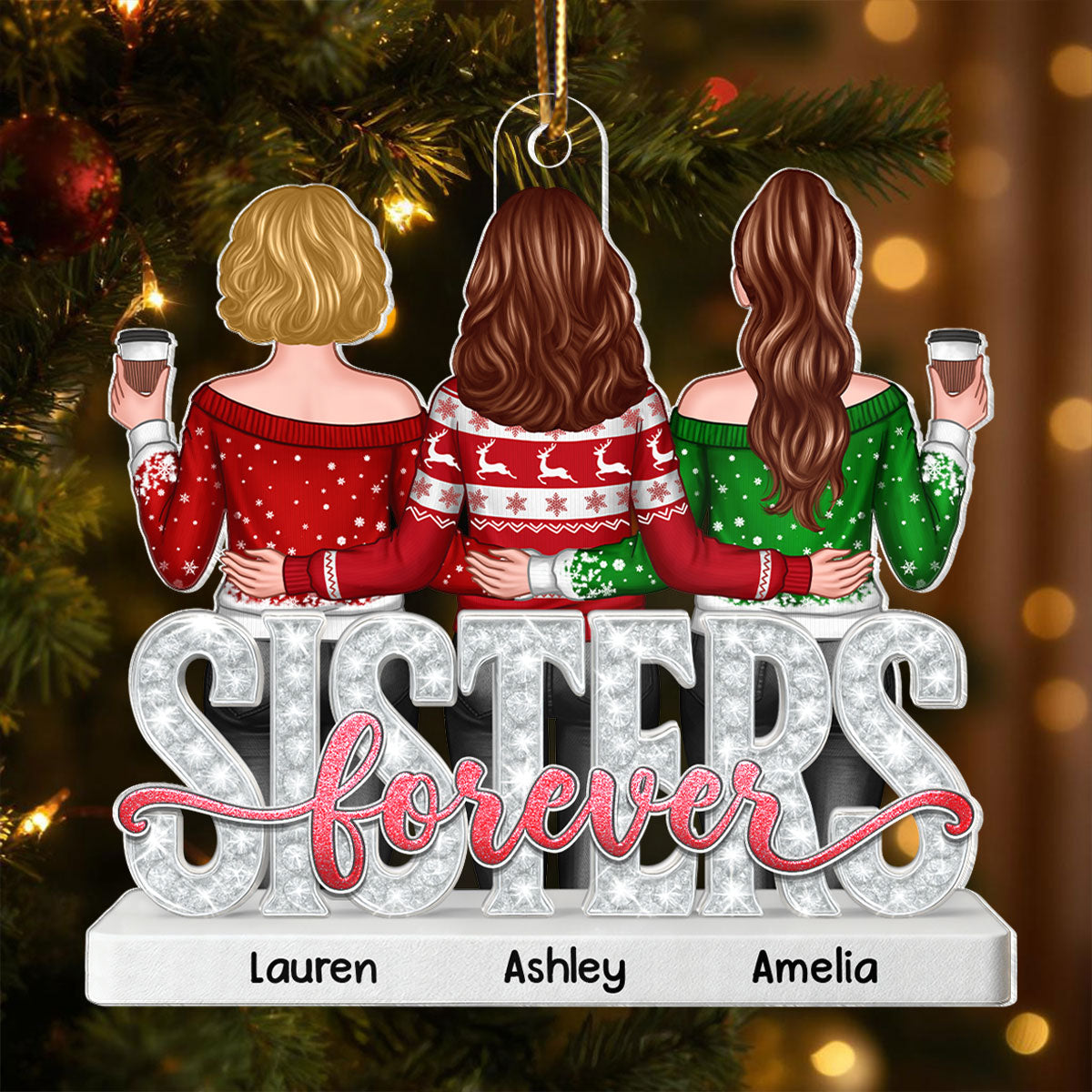 Sisters Forever Pattern Crystal - Personalized Acrylic Ornament - Heartwarming Christmas Gift For Sisters, Besties