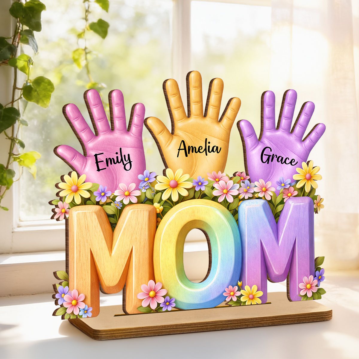 Mom And Kids Hand Print - Personalized 2-Layered Wooden Plaque - Heartfelt Mother's Day Gift for Mom, Wife