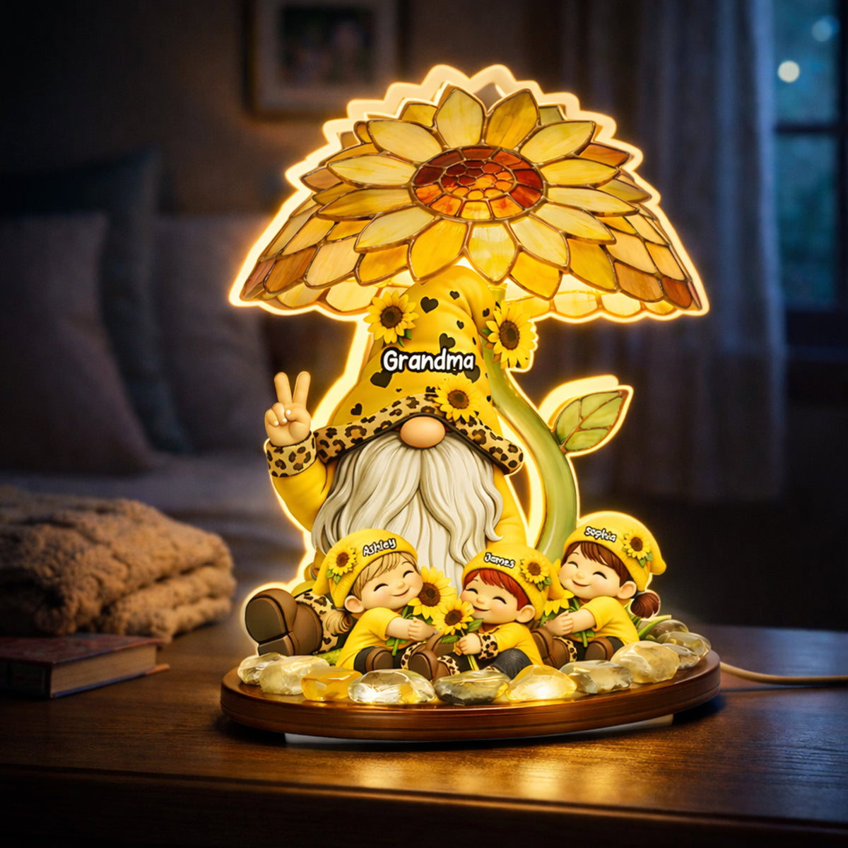 Sunflower Gnome Grandma Grandkids - Personalized Light Box - Mother's Day Gift for Grandma