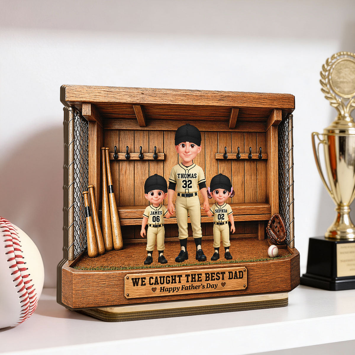 Baseball Dugout Dad And Kids We Caught The Best Dad - Personalized 2-Layered Wooden Plaque -  Gift For Dad