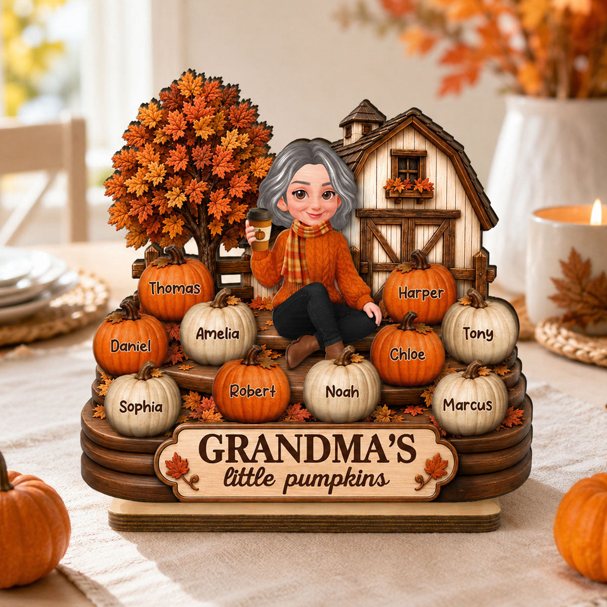 Fall Season Cozy Warm Farmhouse Style Grandma's Little Pumpkins - Personalized 2-Layered Wooden Plaque - Fall Decor For Grandma