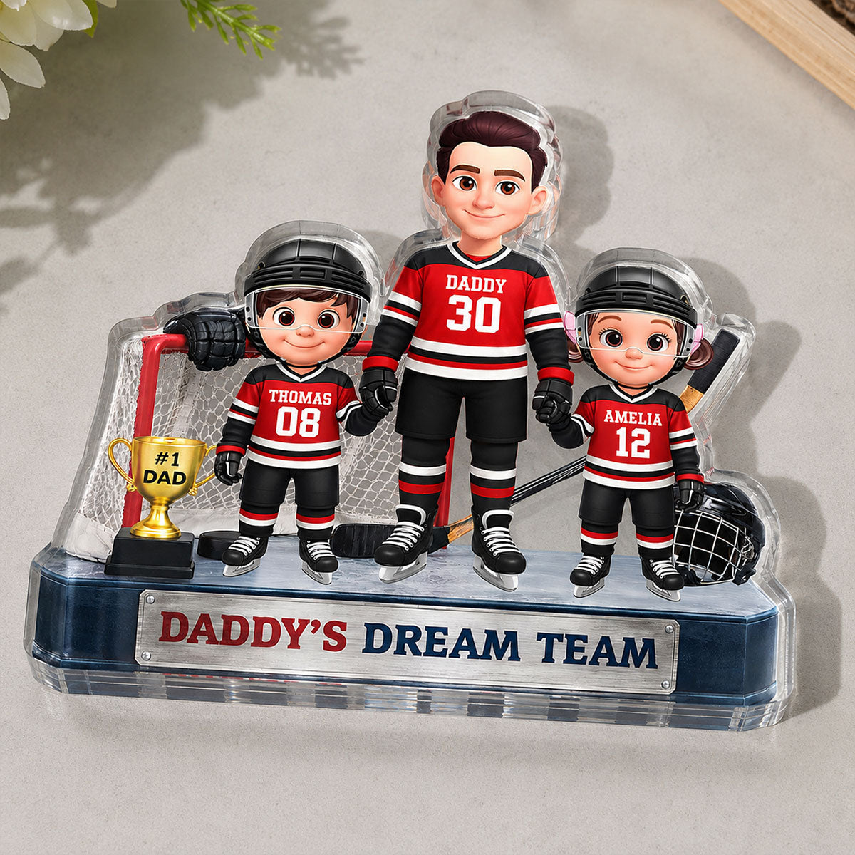 Daddy's Dream Team Hockey Dad & Kids - Personalized Acrylic Block Plaque -  Gift For Dad, Husband