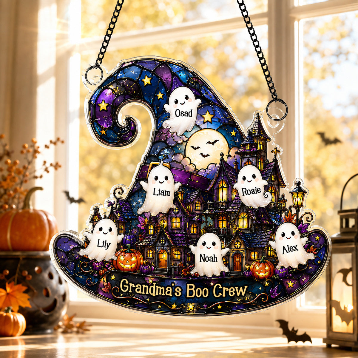 Halloween Village Witch Hat Grandma - Personalized Acrylic Window Hanging - Halloween Decor Gift, Gift For Grandma
