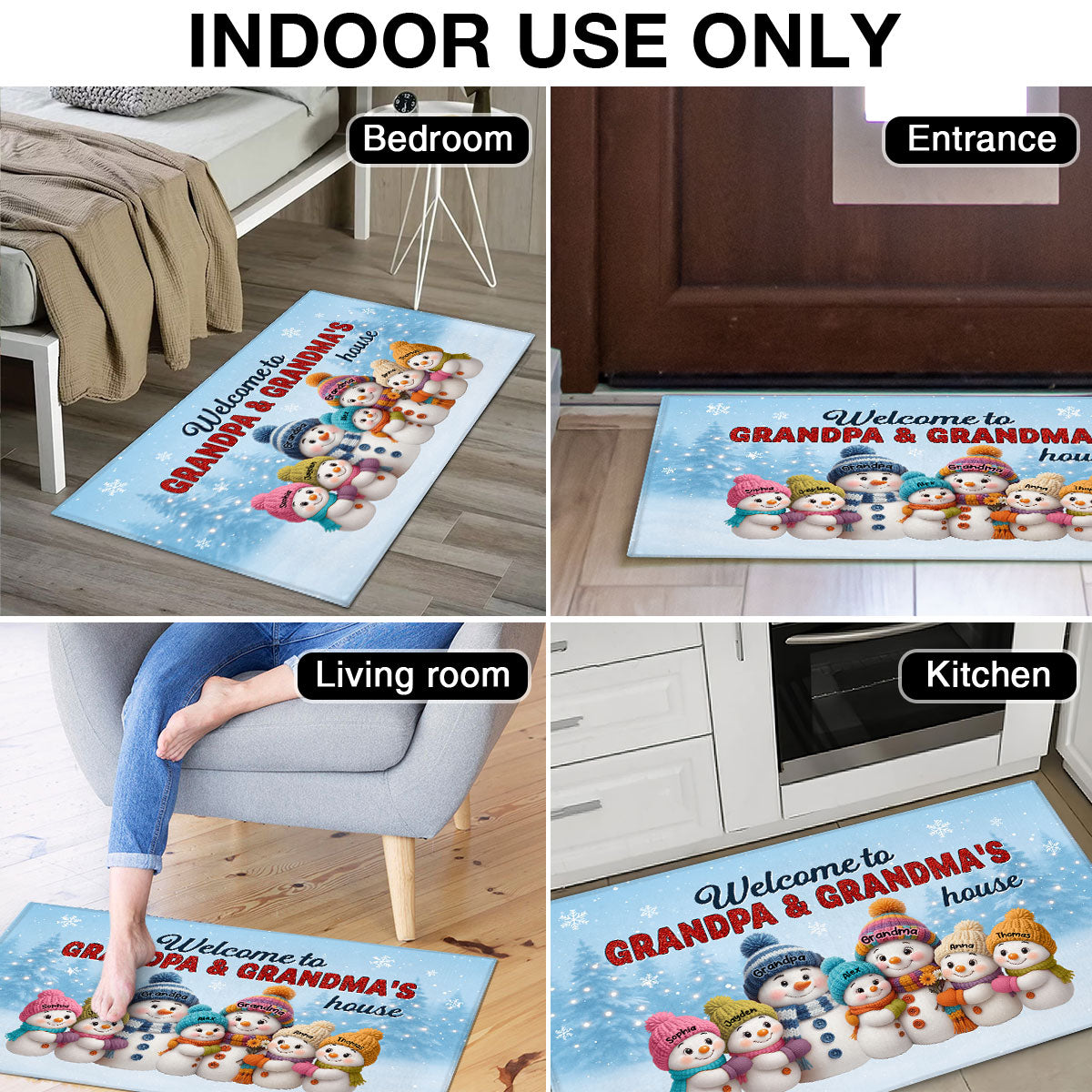 3D Effect Christmas Grandma Grandpa Grandkids Snowman Together - Personalized Doormat