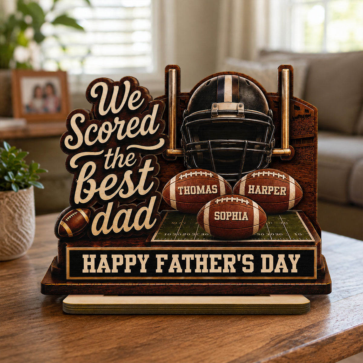 We Scored The Best American Football Dad Custom Name 2D Flat - Personalized 2-Layered Wooden Plaque -  Gift For Football Dad
