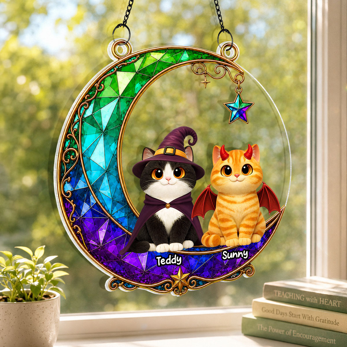 Magical Cat Moonlight - Personalized Acrylic Window Hanging - Halloween Decoration For Cat Mom