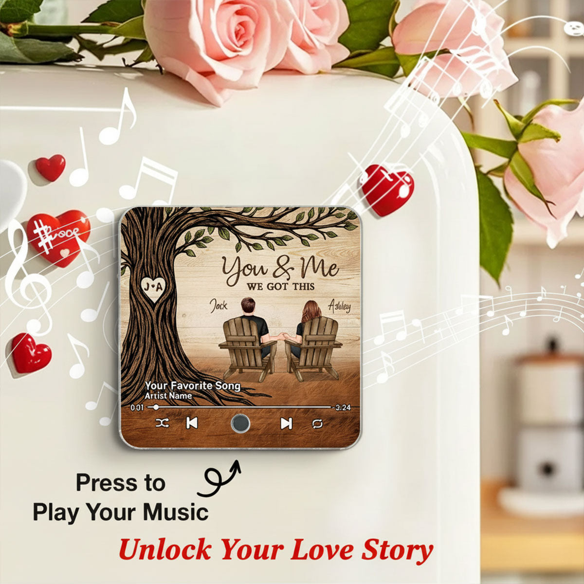 Couple Sitting Under Heart Carved Tree - Personalized Music Fridge Magnet - Valentine's Day Gift For Couple