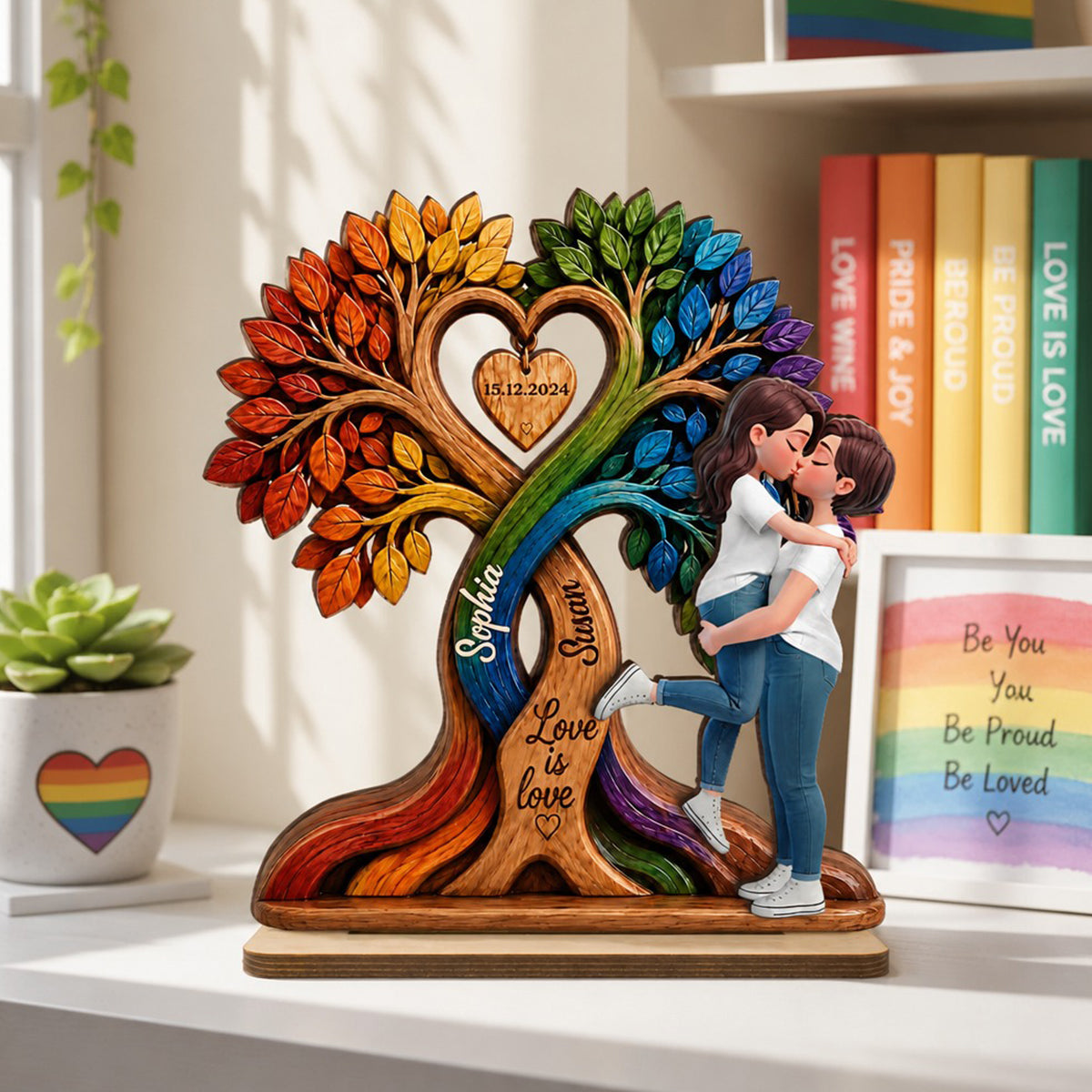 LGBT Couple Kissing Under Tree - Personalized 2-Layered Wooden Plaque - Heartfelt Gift for Her, Gift for Him