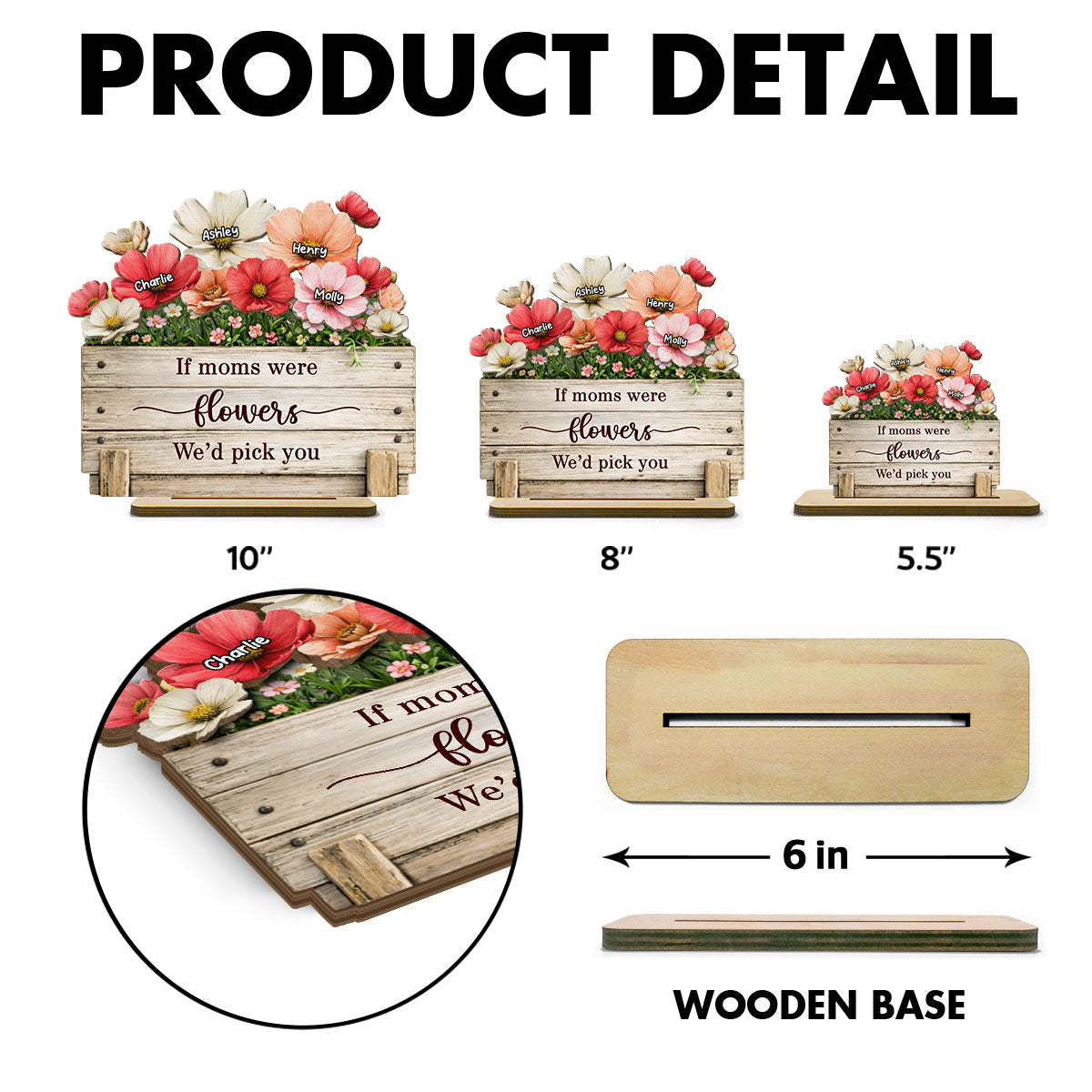 If Moms Were Flowers We'd Pick You - Personalized 2-Layered Wooden Plaque - Heartfelt Mother's Day Gift for Mom, Wife