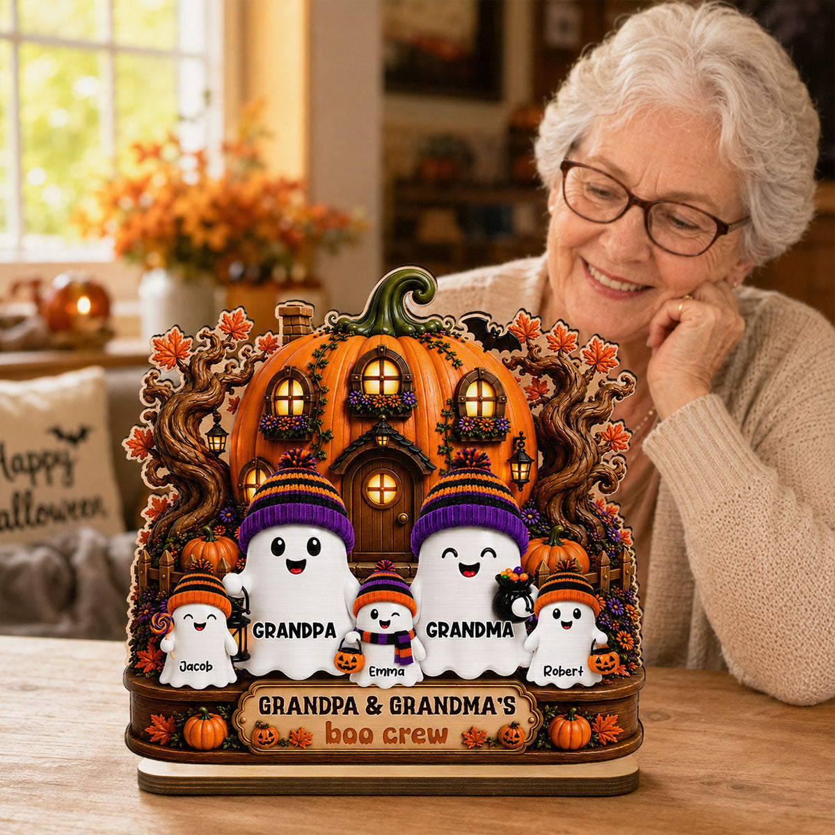 Whimsical Pumpkins House Halloween Grandma Grandpa's Boo Crew - Personalized 2-Layered Wooden Plaque - Halloween Decor For Grandparents