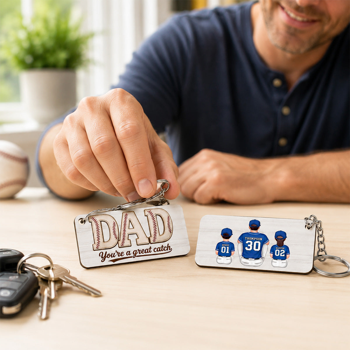 Dad We Love You Baseball Man & Kids Sitting - Personalized Wooden Keychain - Father's Day Gift For Basketball Dad