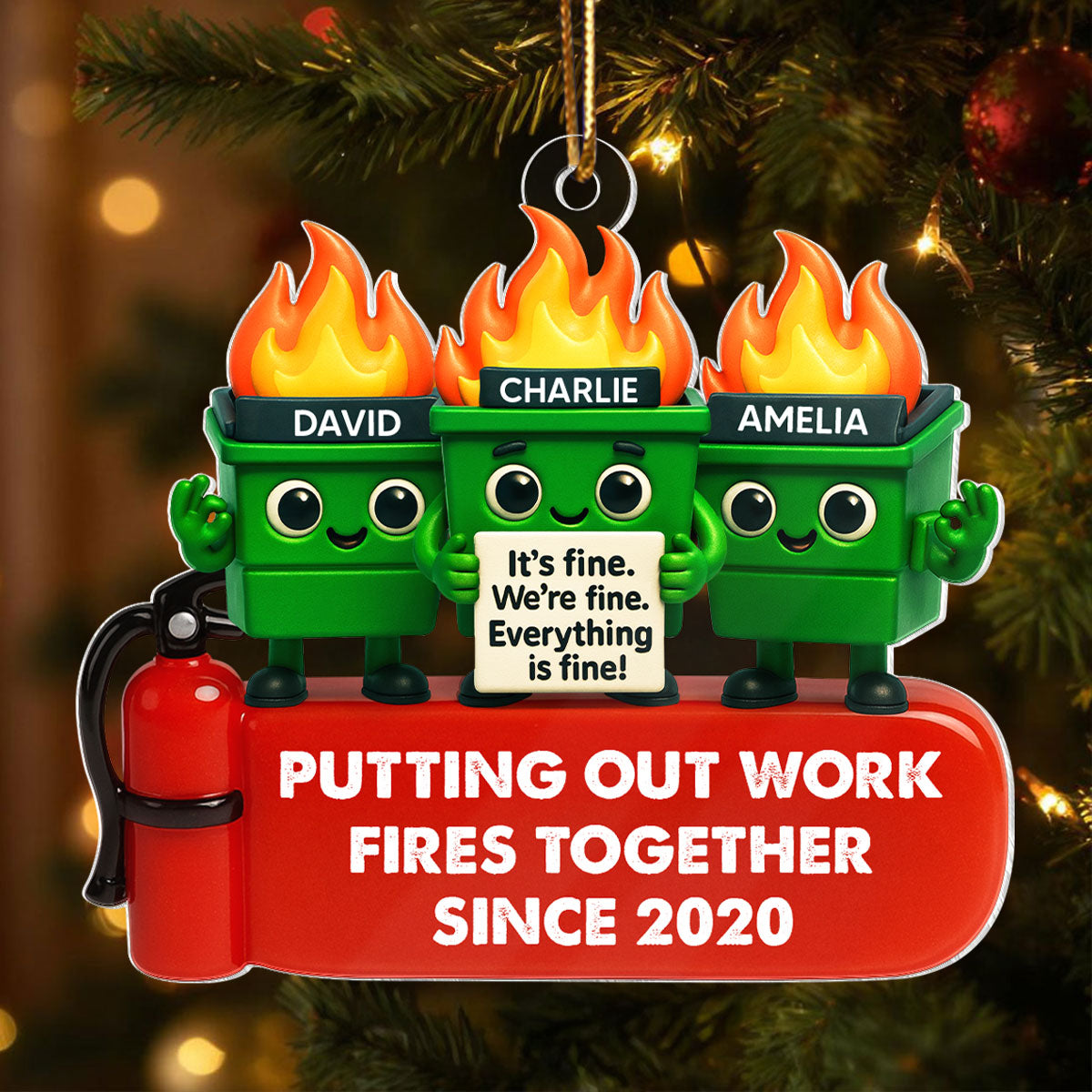Funny Dumpster Fire Office Chaos - Personalized Acrylic Ornament - Funny Christmas Gift, White Elephant Gift for Coworkers