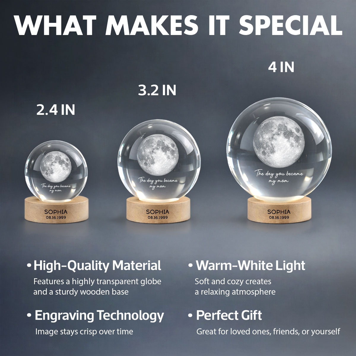 The Day You Became My Mom Engraved Wooden Base - Personalized Crystal Ball LED Night Light - Sentimental Gift for Mom