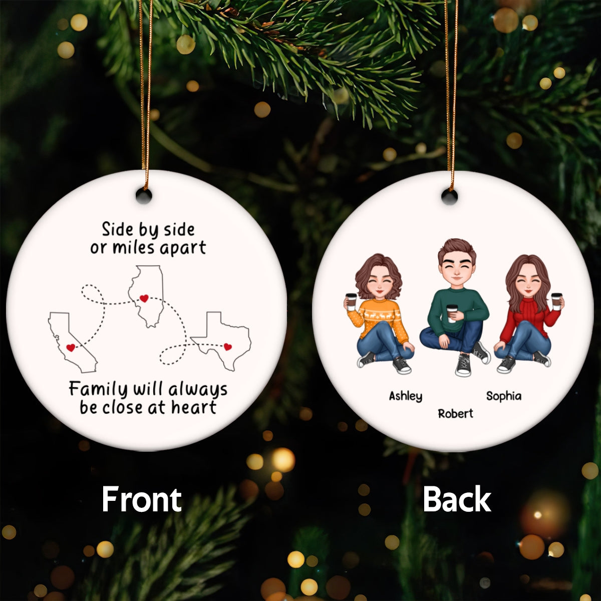 Side By Side Or Miles Apart Long Distance Family Friends Grandparent Cousin Gift Personalized Ceramic Ornament
