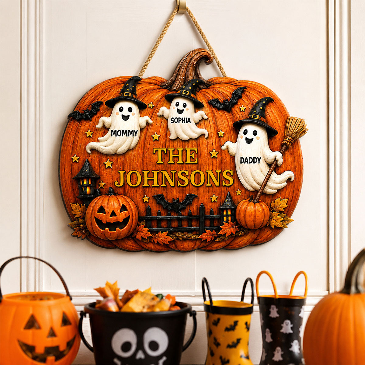 Halloween Family Ghost Pumpkin - Personalized Wood Sign - Halloween Decor Gift, Gift For Family