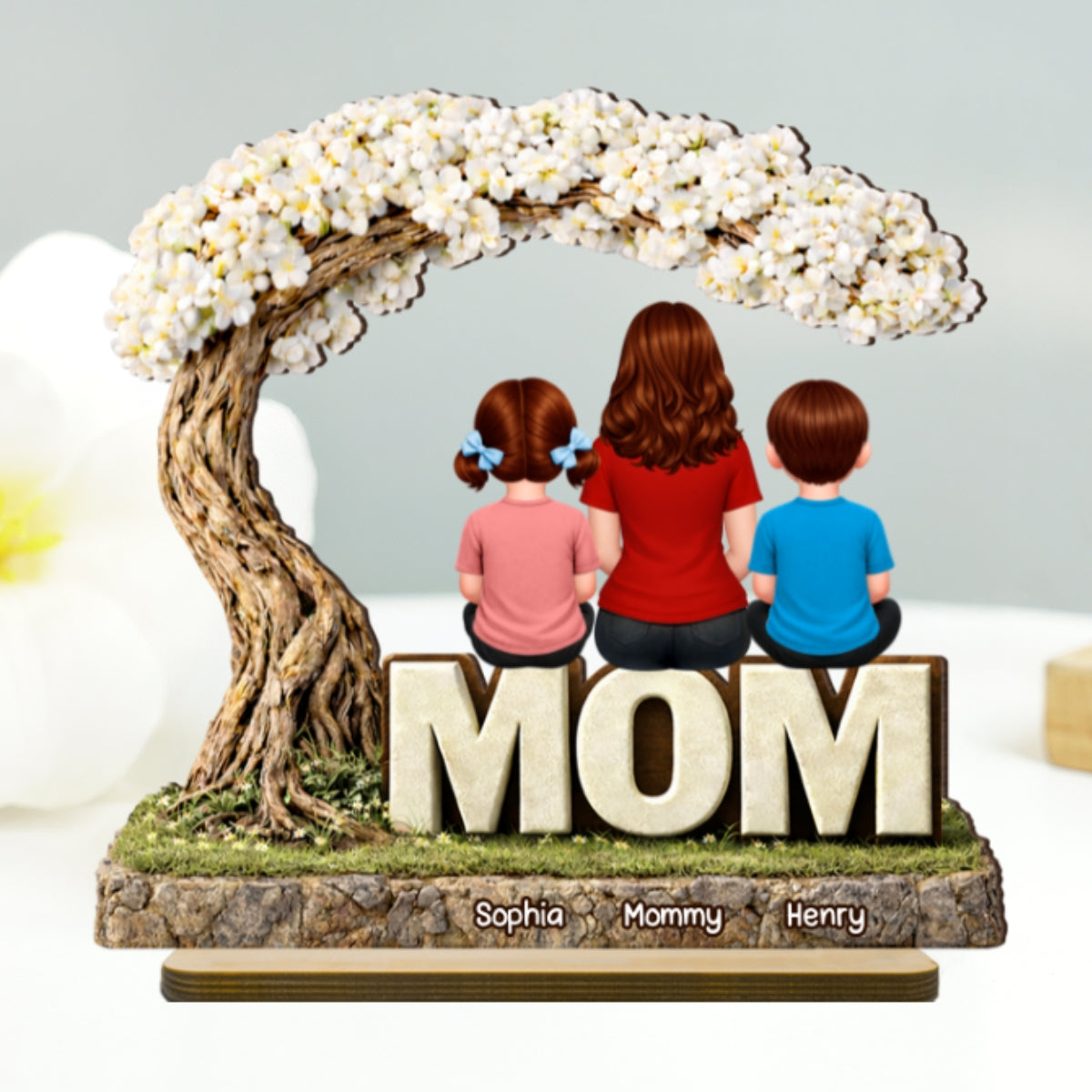 Personalized Family Tree 2-Layered Wooden Plaque – Mom & Kids Names Standing Decor