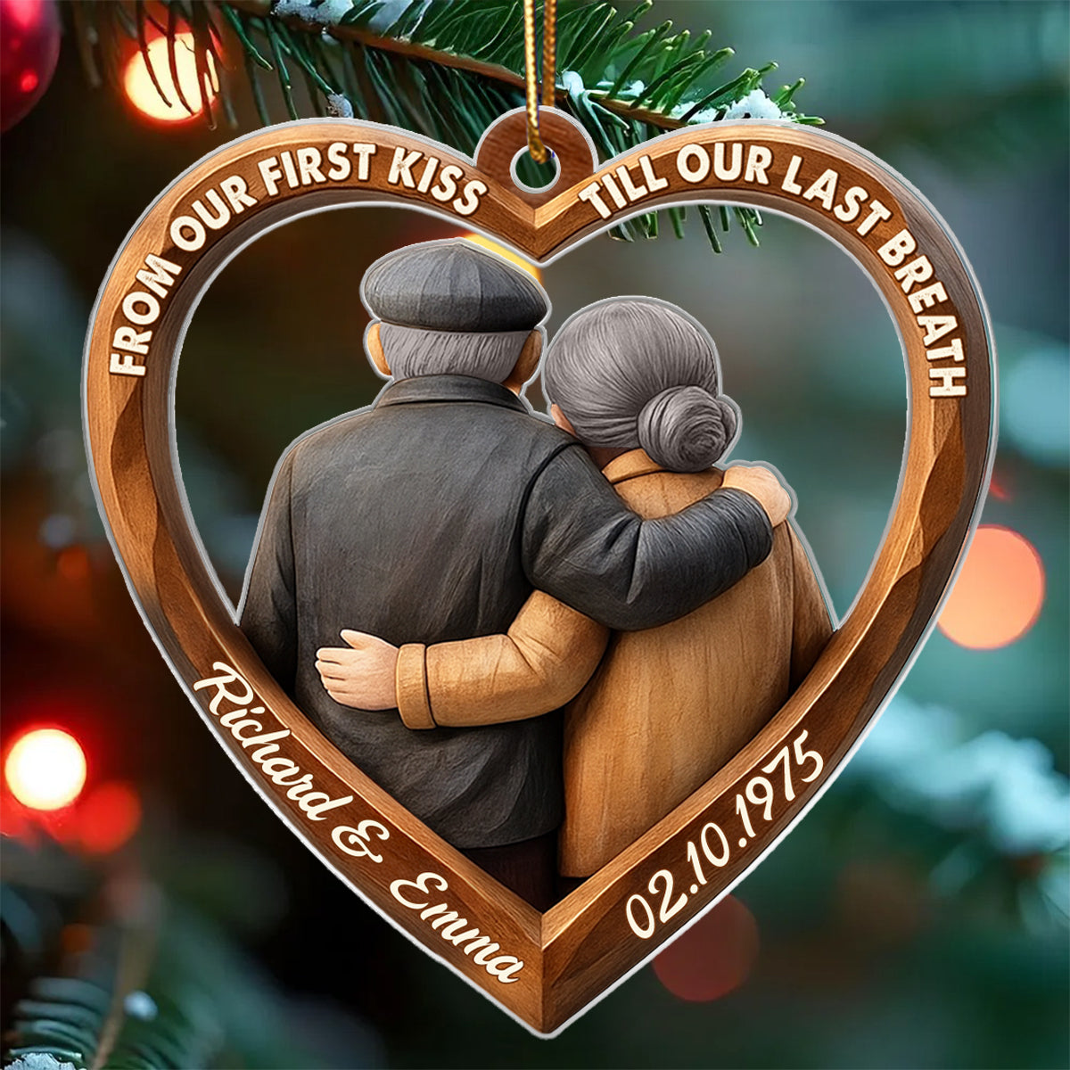 3D Effect Wooden From Our First Kiss Till Our Last Breath Couple - Personalized Acrylic Ornament - Christmas Gift for Couples