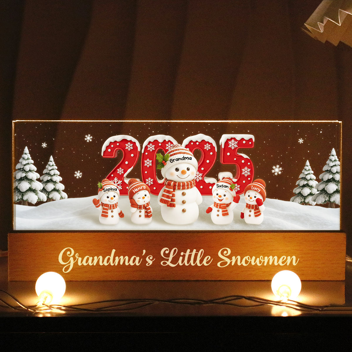 Grandma's Little Snowmen - Personalized Acrylic Block LED Night Light - Christmas Gift for Grandma