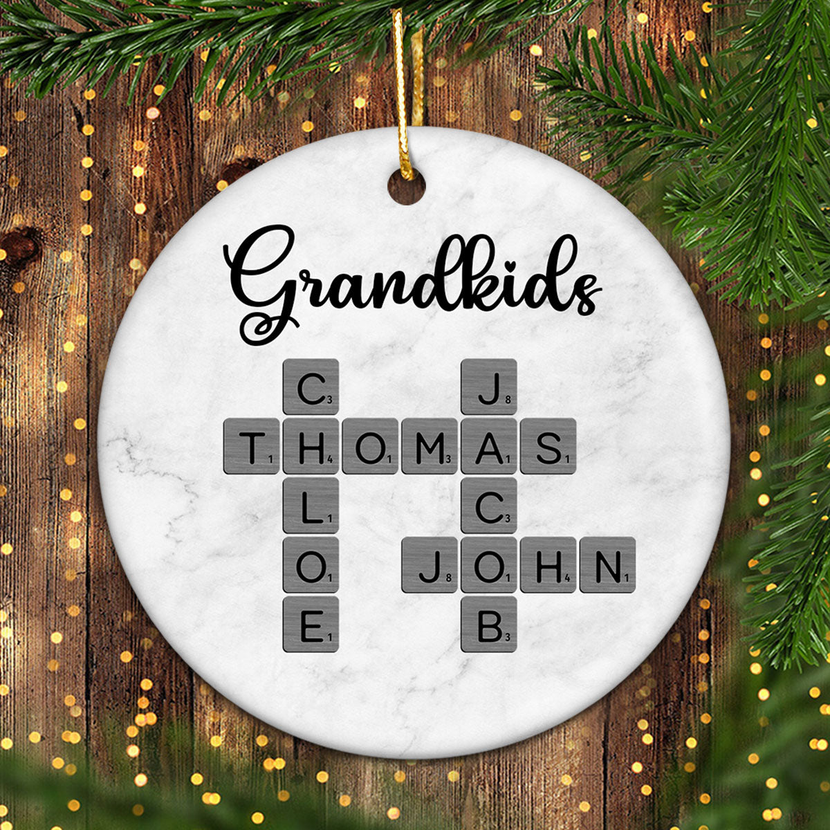 Grandkids Crossword Art - Personalized Ceramic Ornament - Sentimental Gift for Grandma Grandpa Grandkids