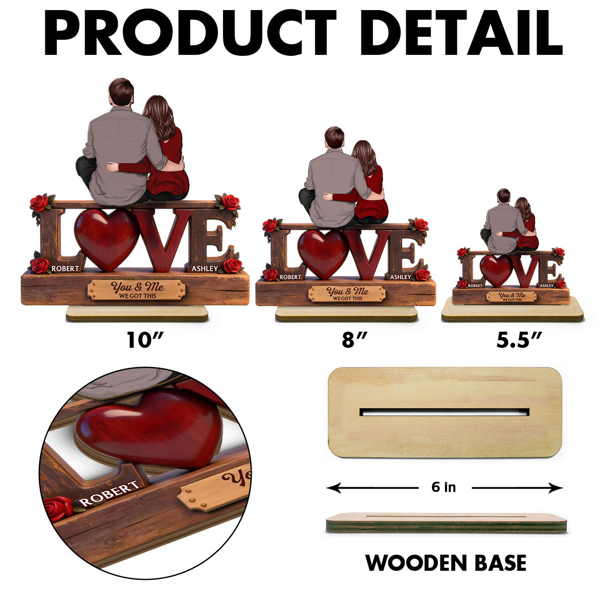 Roses LOVE Back View Couple Sitting Embracing - Personalized 2-Layered Wooden Plaque - Valentine's Day Gift For Couple, For Him, For Her