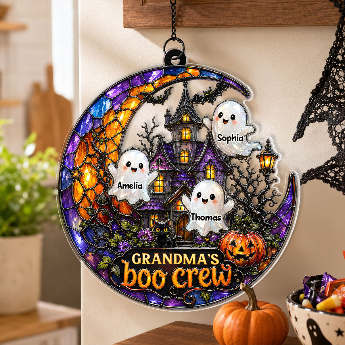 Grandma's Boo Crew - Personalized Acrylic Suncatcher - Cute Spooky Fall Halloween Decor for Grandma