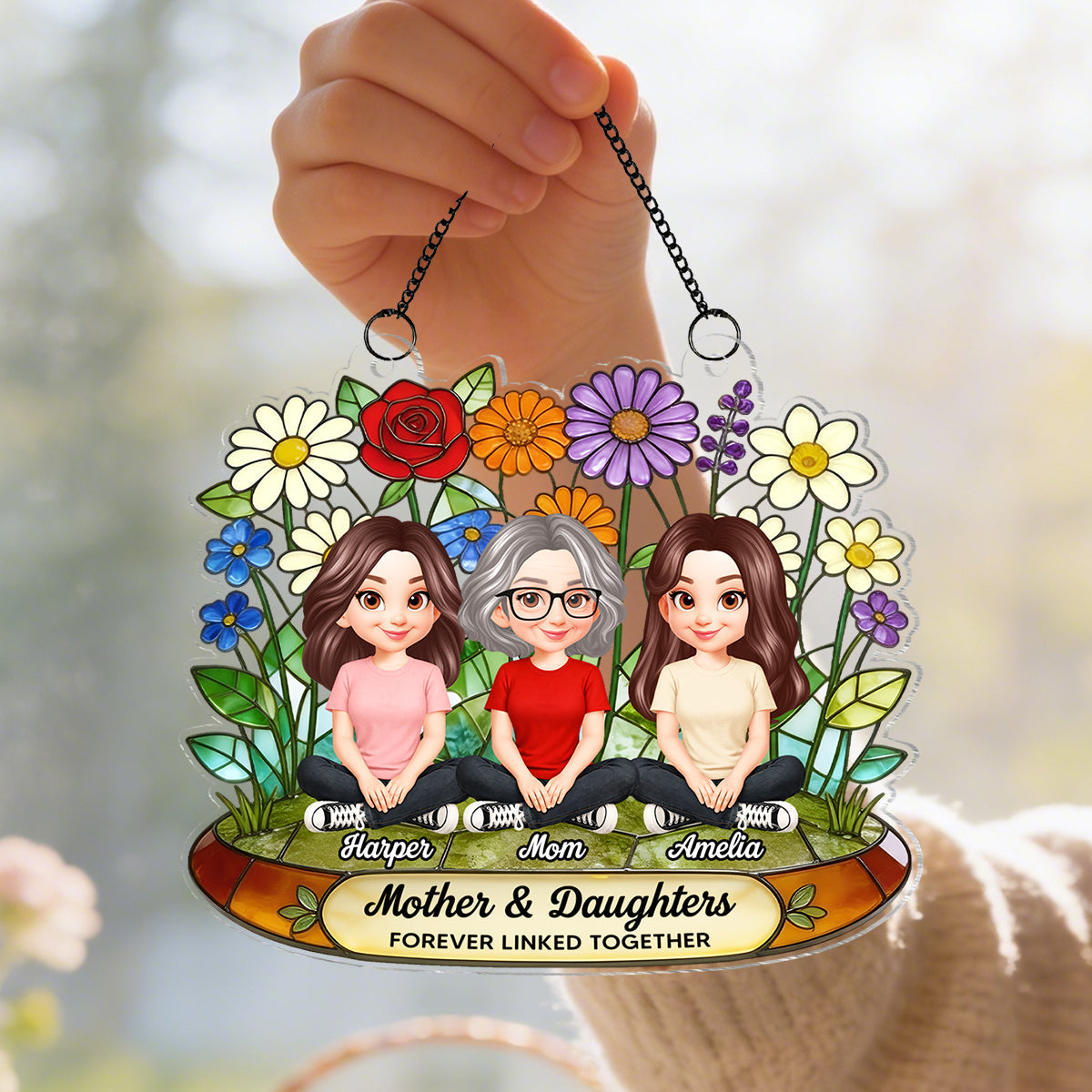 Flower Garden Mom And Son Daughter Forever Linked Together - Personalized Suncatcher Ornament - Gift For Mom