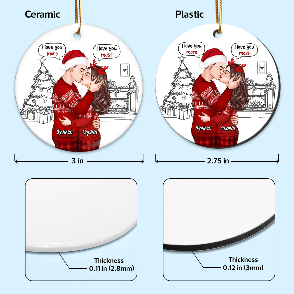 Christmas Outline Romantic Doll Couple Kissing I Love You More Most Personalized Circle Ornament