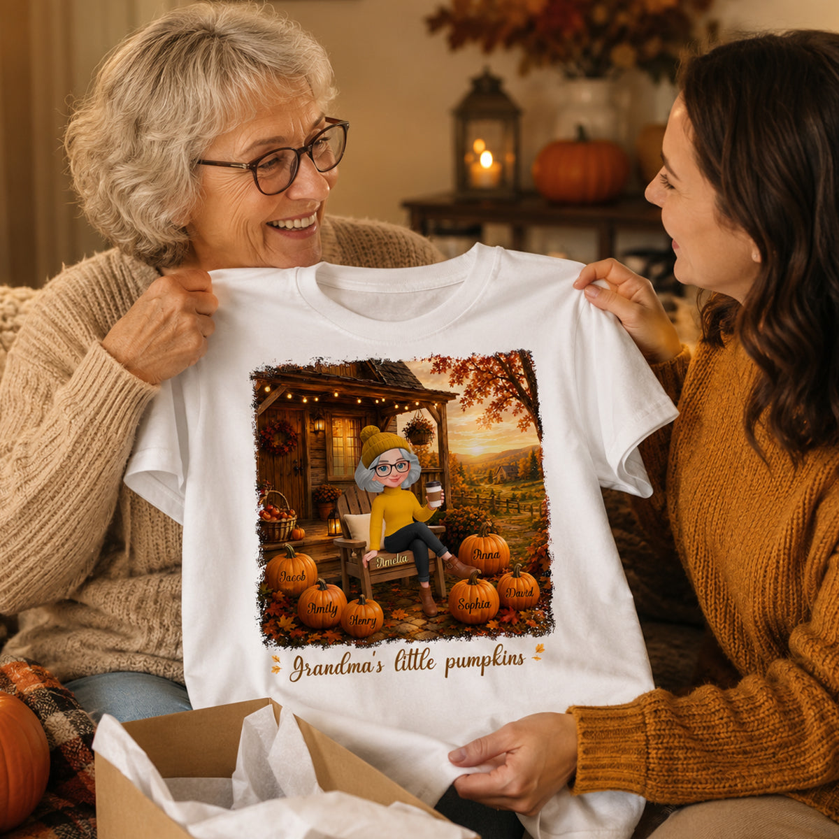 Grandma Sitting On Porch Grandkids - Personalized Shirt - Fall Season Gift, Gift For Grandma