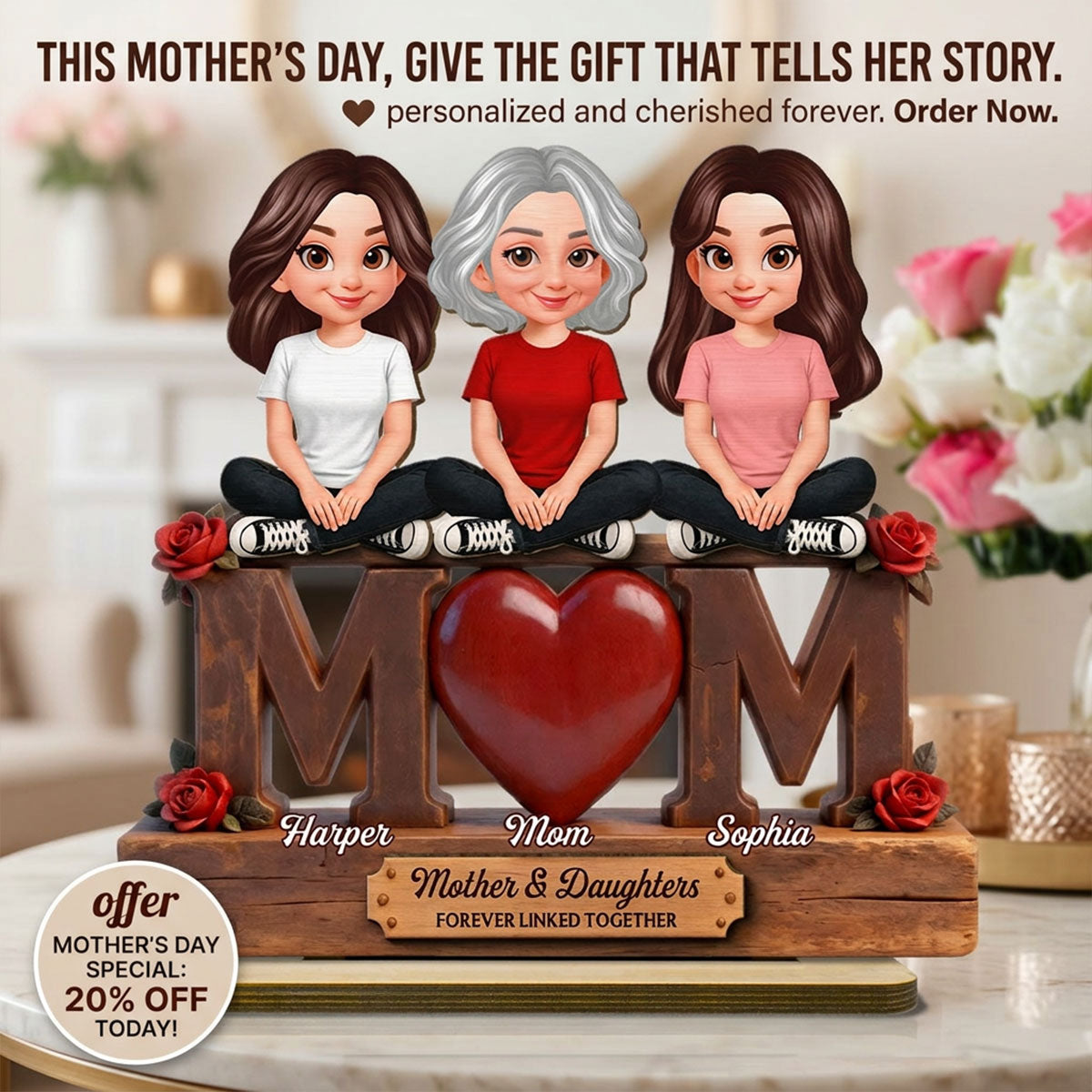 Beautiful Rose Love MOM And Daughters Sons - Personalized 2-Layered Wooden Plaque - Gift For Mom