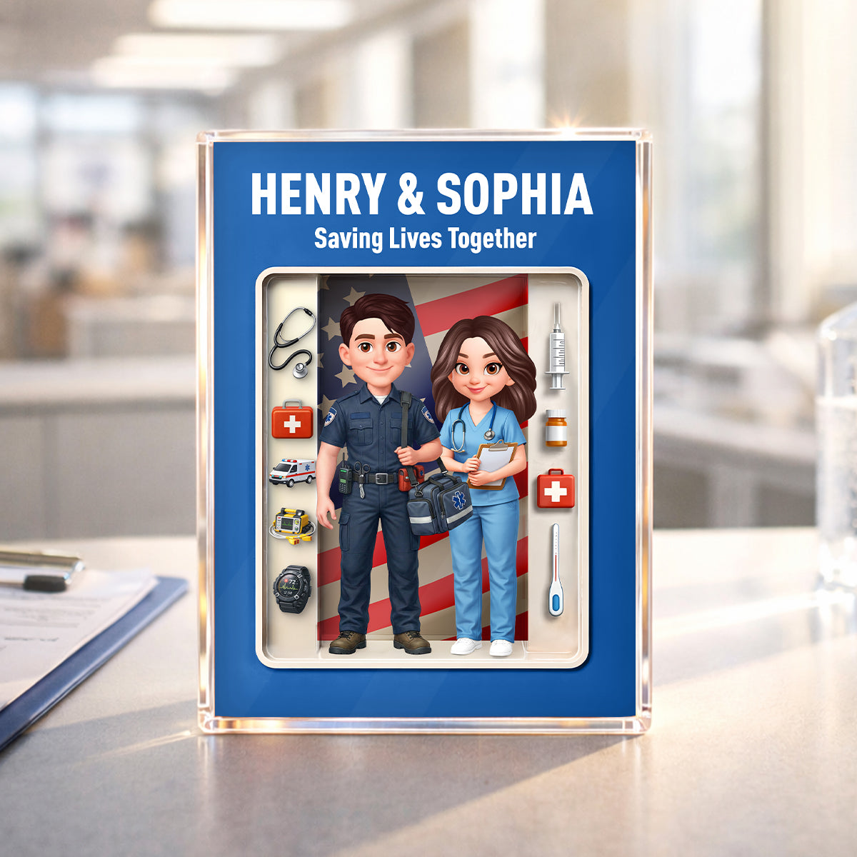 EMT & Nurse Couple 3D Action Figure - Personalized Acrylic Block Plaque - Heartfelt Gift for Him, for Her
