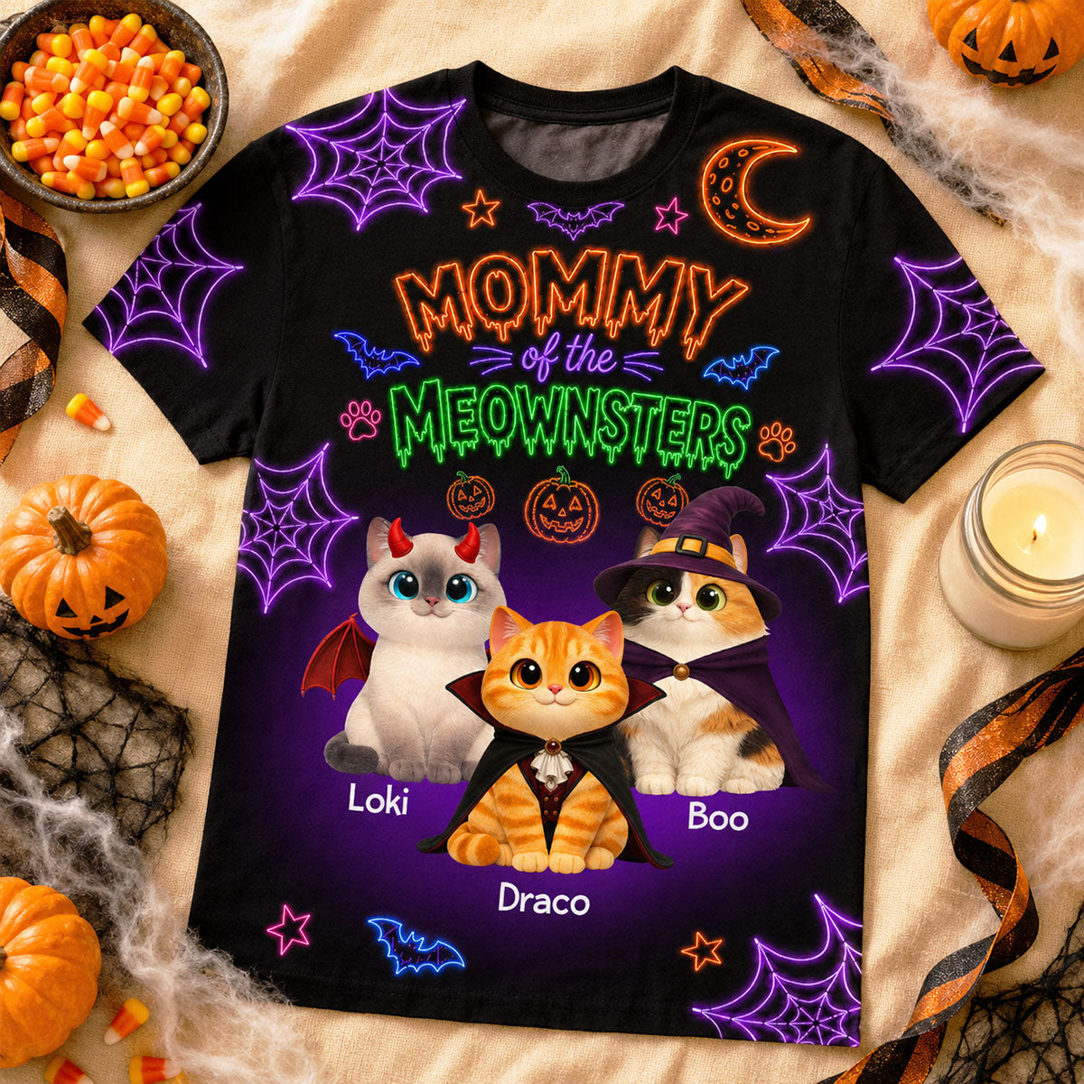 Neon Theme Mommy Daddy Of The Meownsters Cats - Personalized Shirt - Halloween Gift For Cat Lovers