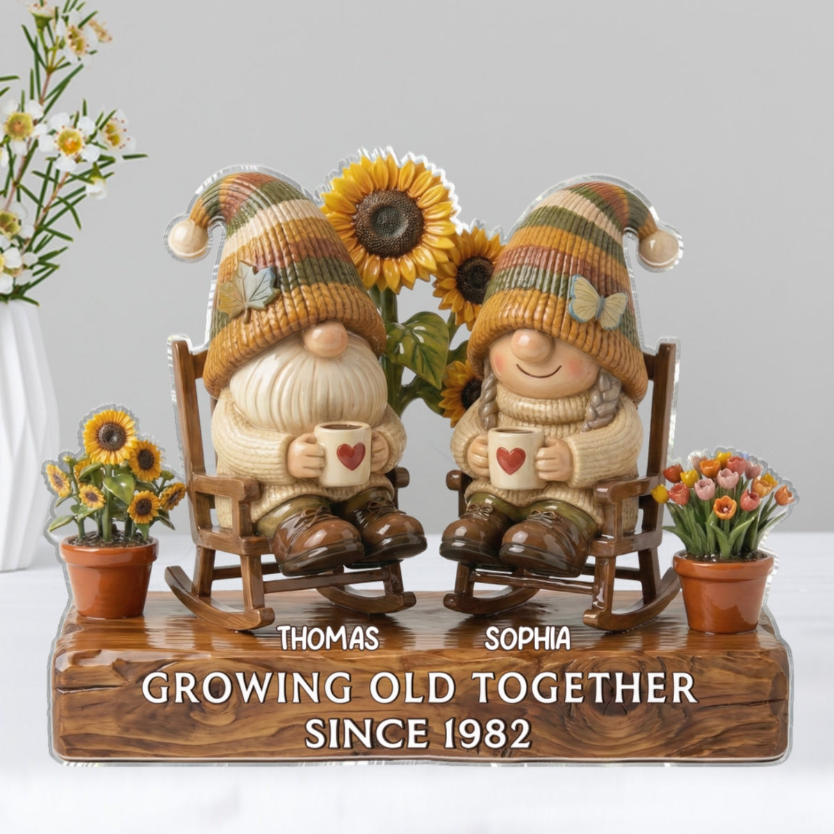 3D Effect Vintage Gnome Couple Grow Old Together - Personalized Acrylic Block Plaque - Gift For Him, Gift For Her