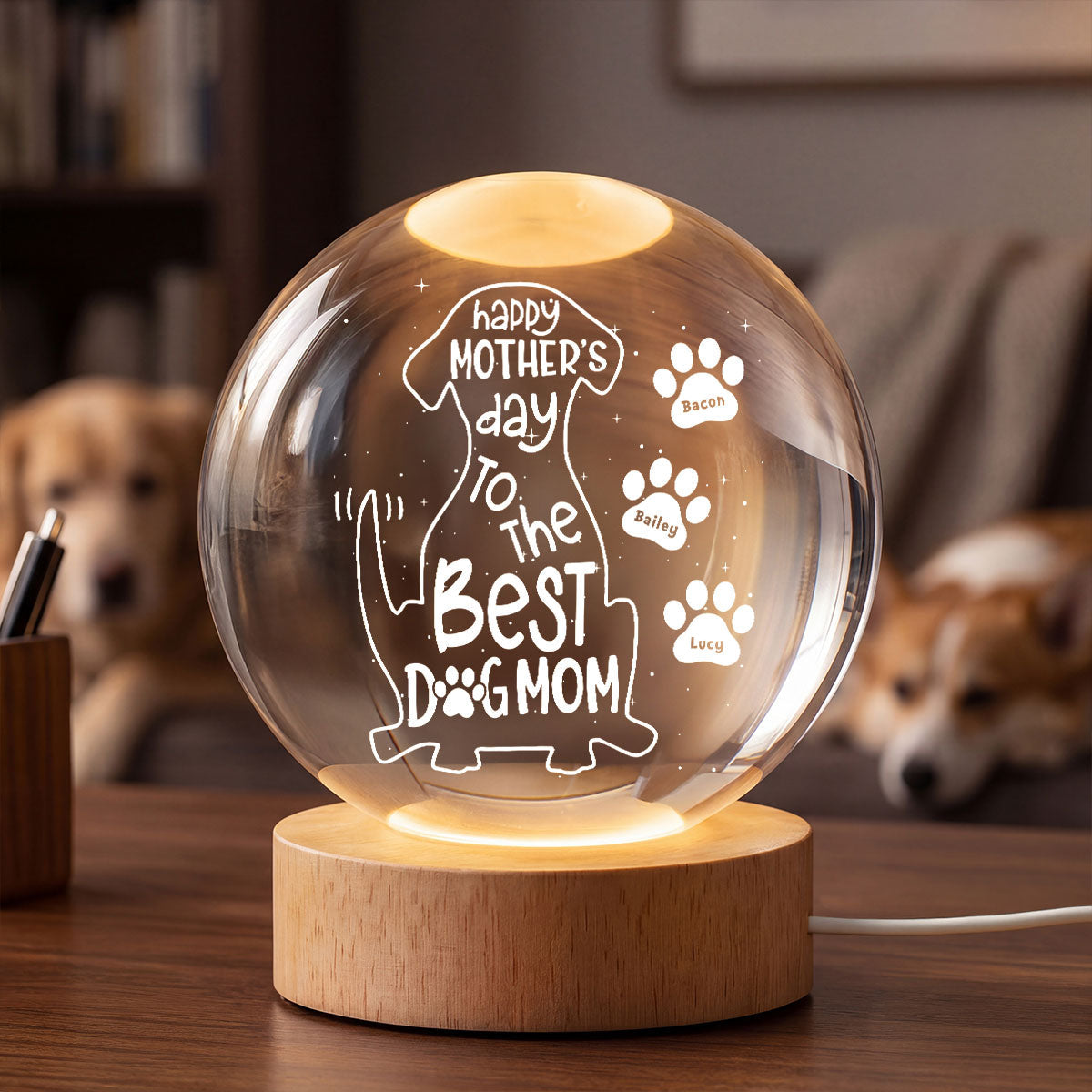 Happy Mother's Day Dog Mom - Personalized Crystal Ball LED Night Light - Heartfelt Mother's Day Gift for Wife