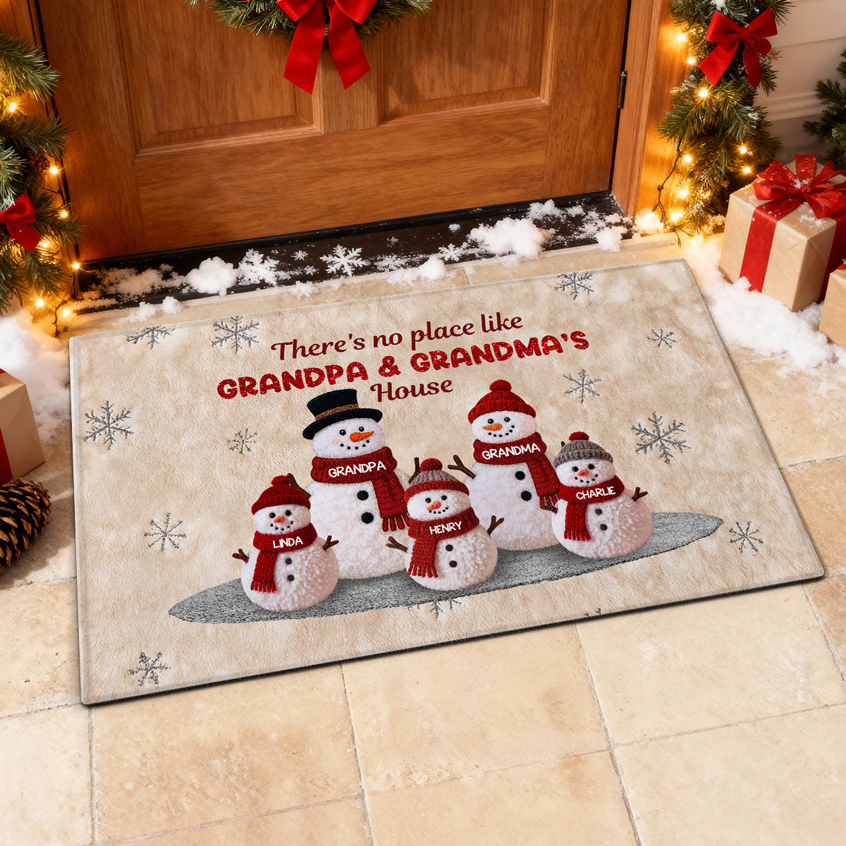 3D Effect Fleece Texture Christmas Grandma Grandkids Snowman Together - Personalized Doormat