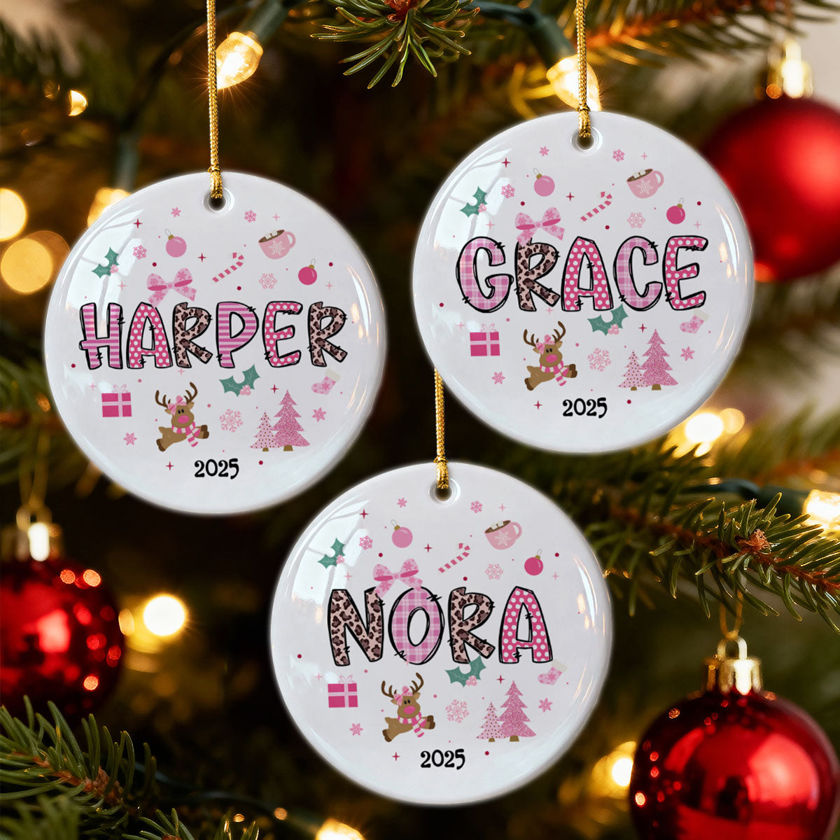 Pink Theme Girls Name Christmas - Personalized Ceramic Ornament - Gift For Daughter, Granddaughter