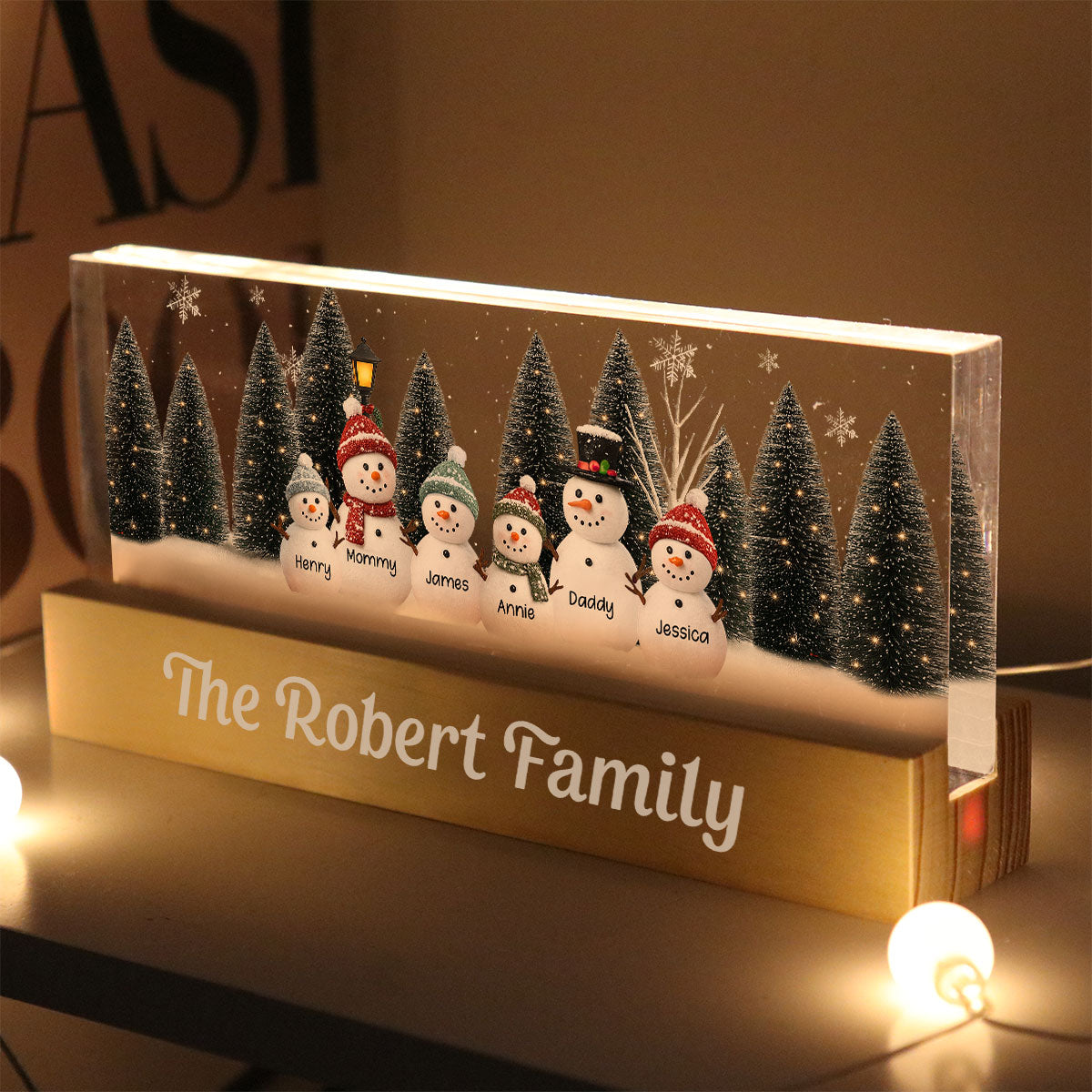 3D Effect Snowman Family Grandparents In Christmas Scene - Personalized Acrylic Block LED Night Light - Christmas Decor For Grandma, Family