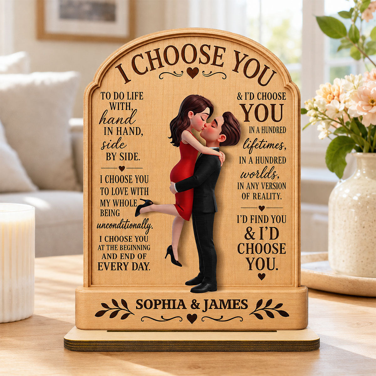 I Choose You Couple Couple Hugging Kissing 2D Flat - Personalized 2-Layered Wooden Plaque - Anniversary Gift Keepsake For Couples