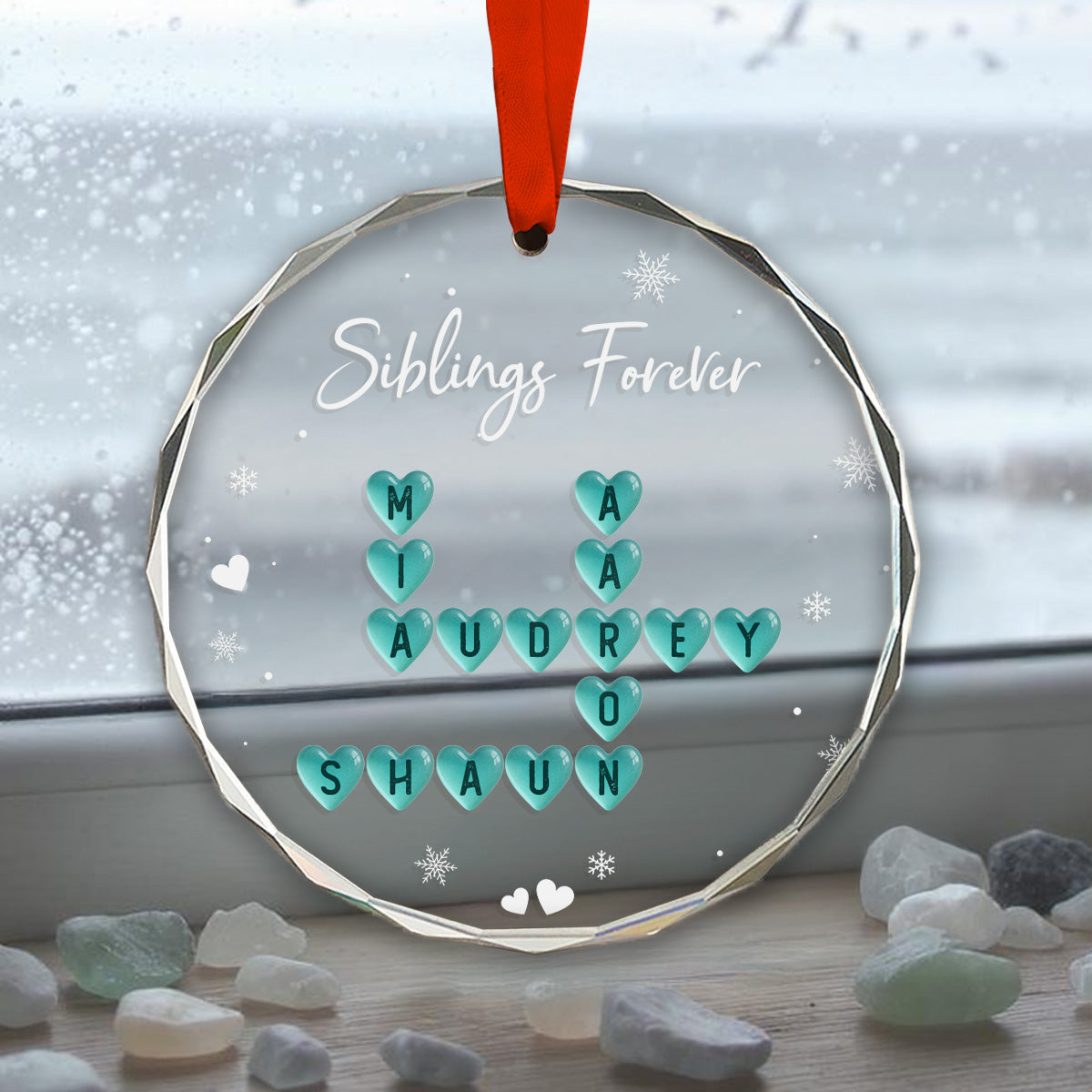 Siblings Forever Heart Sea Glass 3D Inflated Effect Crossword Puzzle Art - Personalized Glass Ornament