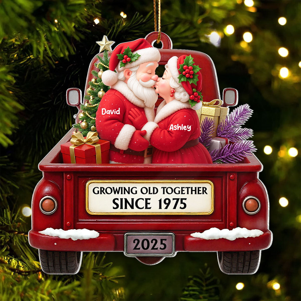 Growing Old Together Santa Couple Red Truck - Personalized Acrylic Ornament - Heartwarming Christmas Gift For Him, For Her, For Couple