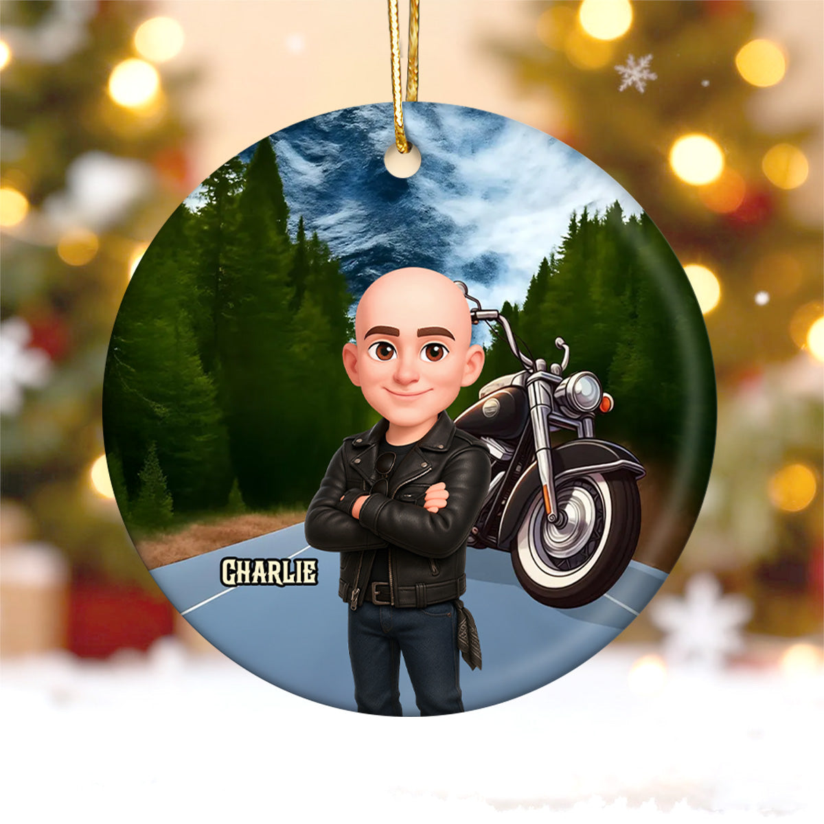Biker On The Road Christmas - Personalized Ceramic Ornament - Gift For Bikers, Gift For Him, For Her