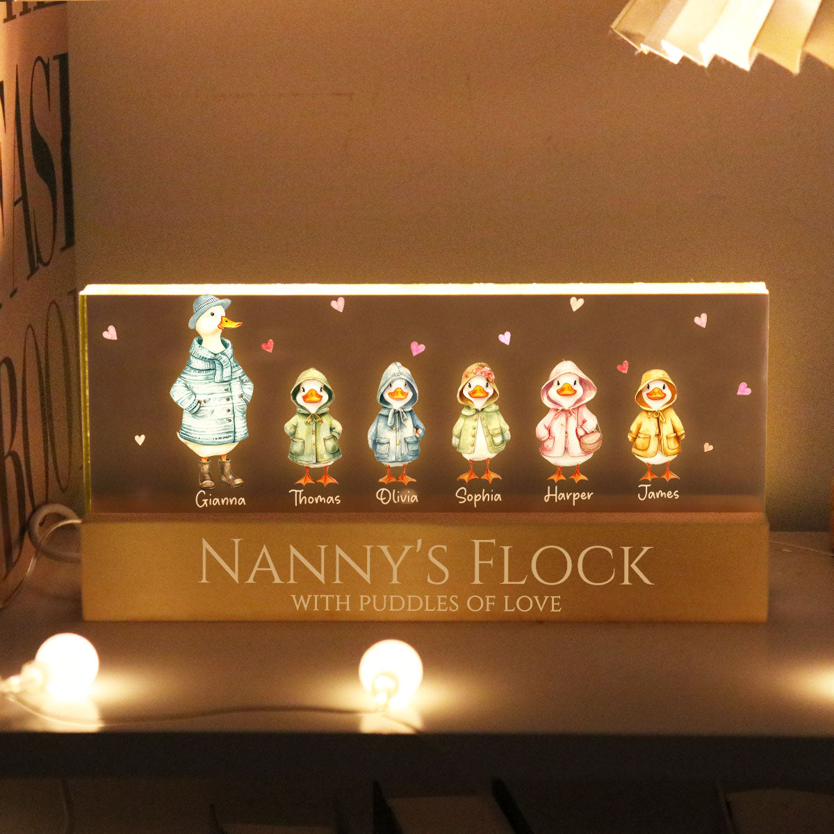 Nanny's Flock Gift For Grandma Nana Grammy Cute Watercolor Ducks - Personalised Acrylic Block LED Night Light - Mother's Day Gift