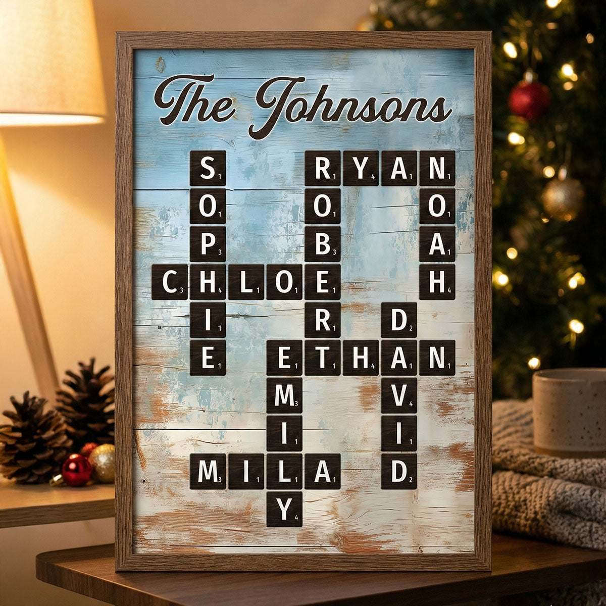 Family Crossword Puzzle Blue Rustic Wood Palette - Personalized Poster - Wall Art Home Decor