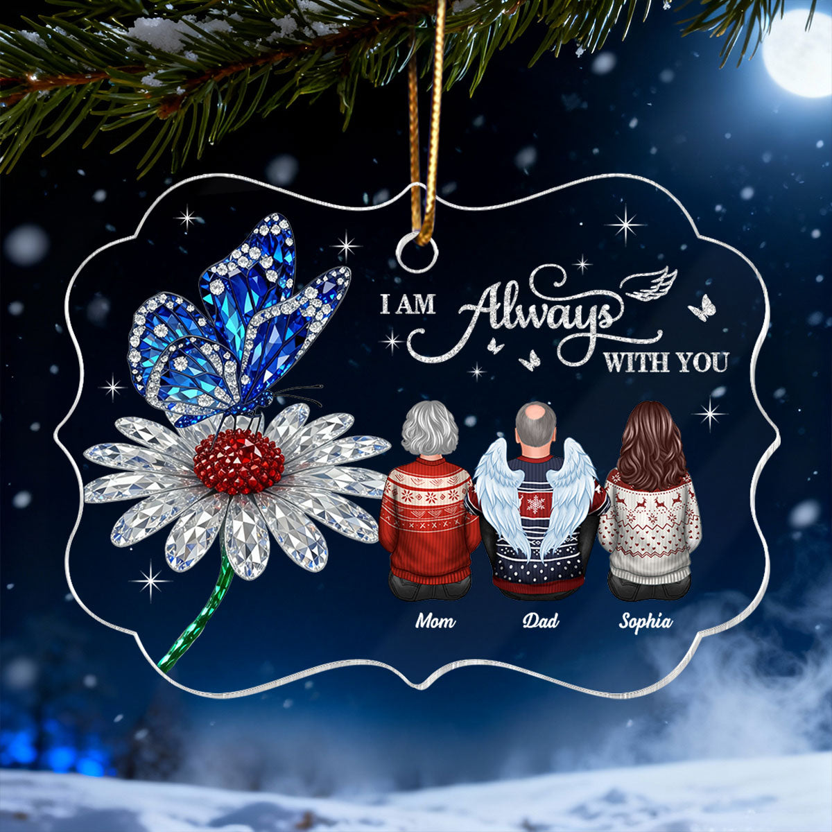 3D Crystal Effect Daisy Butterfly Always With You Family Memorial - Personalized Acrylic Ornament - Remembrance Gift, Sympathy Gift