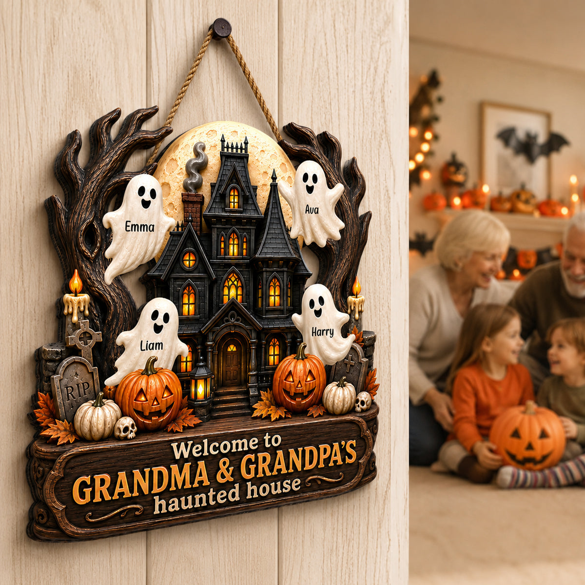 Grandma Grandpa's Halloween Haunted House - Personalized Door Sign - Halloween Decor for Grandparents