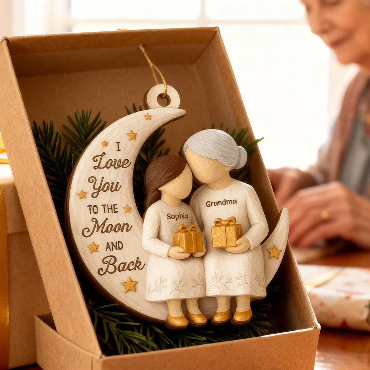 3D Effect Golden Star Grandma Grandkid On Moon - Personalized Wooden Ornament - Gift For Granddaughter, Grandson