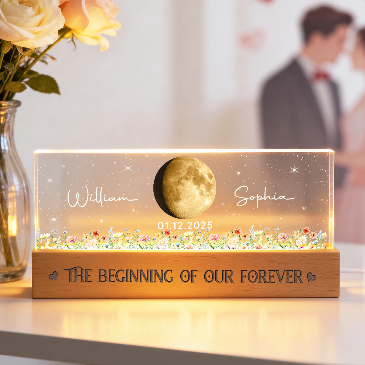 Floral Our Moon Couple Custom Moon Phase Anniversary Date - Personalized Acrylic Block LED Plaque Night Light - Gift For Couple
