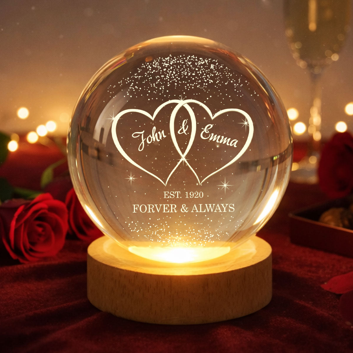 Couple Hearts Interlocked - Personalized Crystal Ball LED Night Light - Heartfelt Valentine's Day Gift for Her, for Him