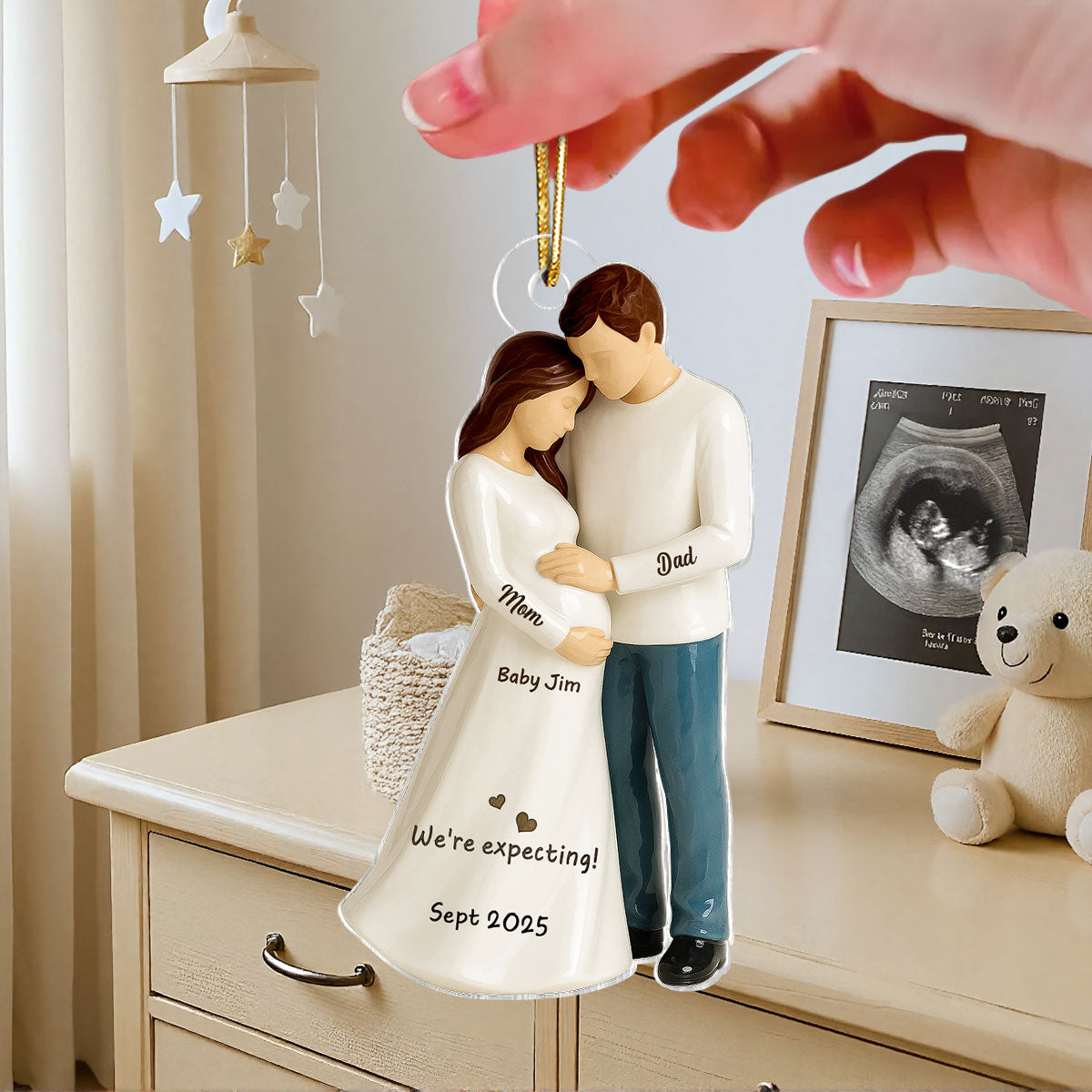Waiting For You With All Our Hearts 3D Effect Couple Expecting Baby Personalized Flat Acrylic Ornament, Baby Shower Gift For Parents-to-be