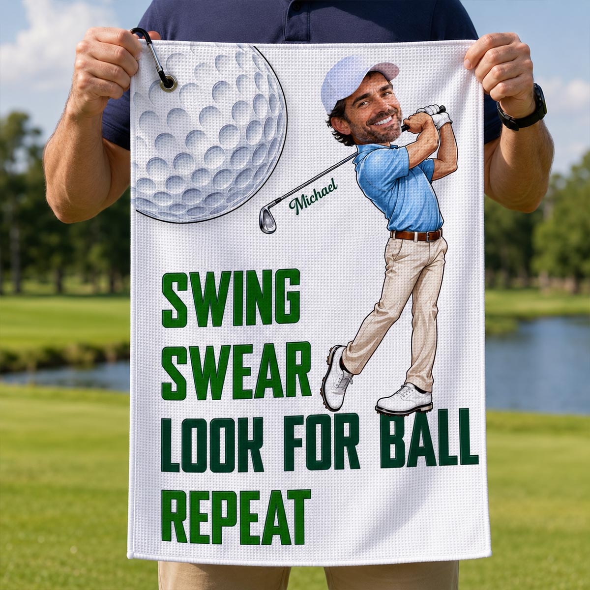 Swing Swear Look For Ball Repeat Funny Golfer Caricature Style Custom Photo - Personalized Golf Towel - Father's Day Gift For Golfers